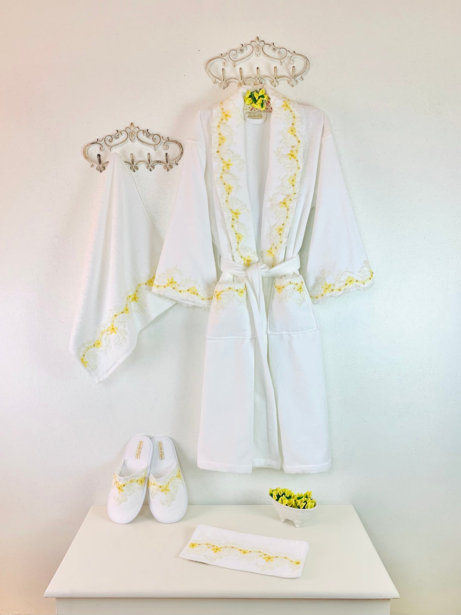 White Bridal Bathrobe Set with Yellow ...